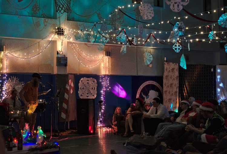 South Pole gym decorated for holiday party