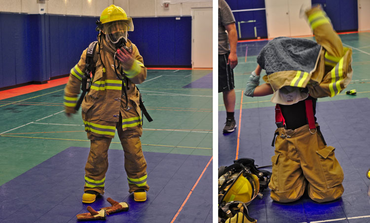 two images, first with person standing in full firefighting gear, second with person on knees in the middle of putting on the gear