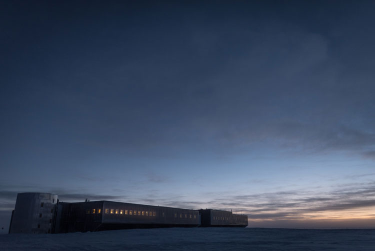 South Pole station at twilight