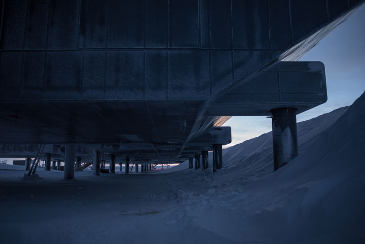 View from underneath the South Pole station, showing that it's elevated