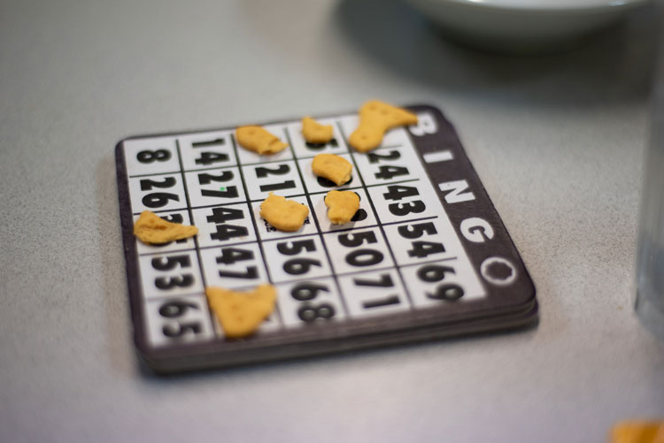 Bingo card with cracker pieces as tiles