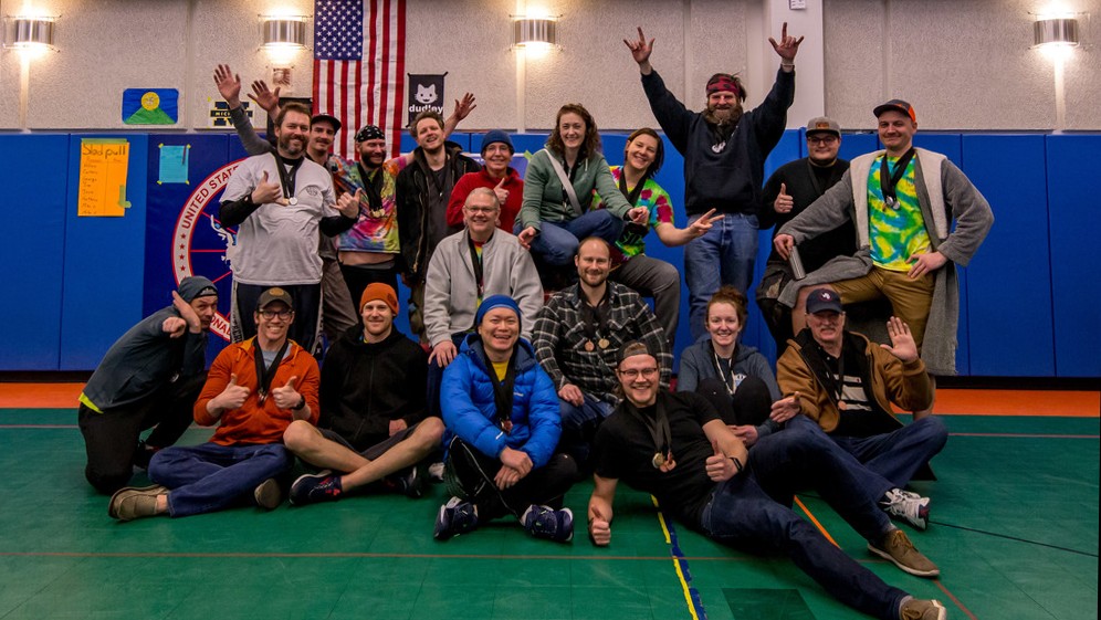 Group photo in gym at south pole
