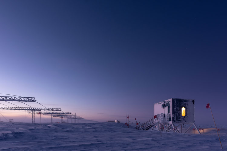 Frosty sunrise shot of radar facility at South Pole