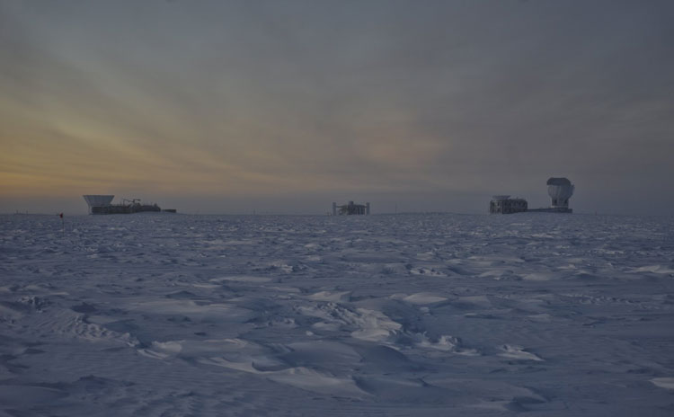 Buildings at distance on horizon, sunrise at South Pole