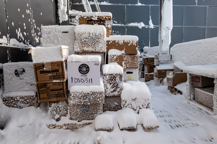 Stacks of boxes snowed in and frosted over