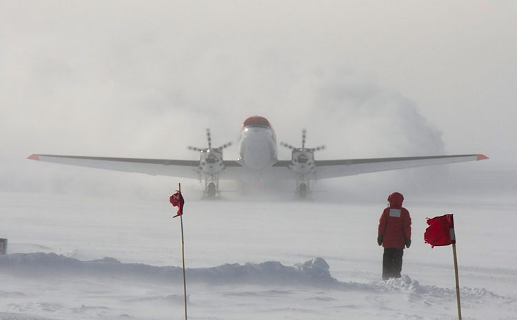 Front view on ground of arriving aircraft at the South Pole