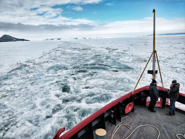 View from above of tip of icebreaker vessel and the icy waters beyond