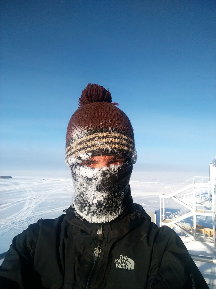 Post-run selfie, with frosted hat and facemask