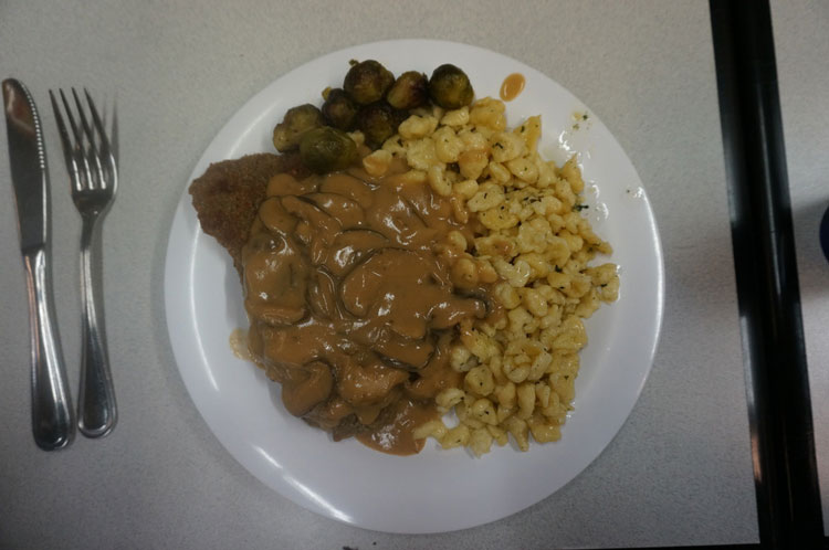 plated shnitzle and spaetzle