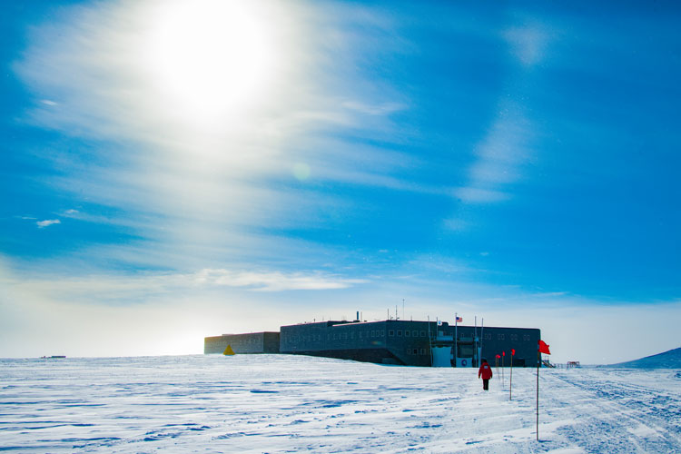 Bright sun with halo over South Pole station