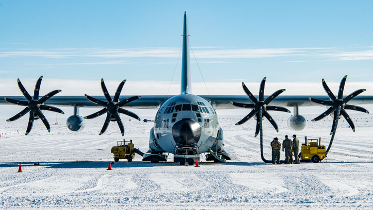 Front view of LC130 parked on the ice at the South Pole