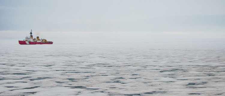 An ice-breaking ship off in the distance