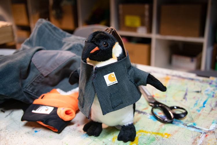 Close-up of stuffed penguin doll wearing a jacket.