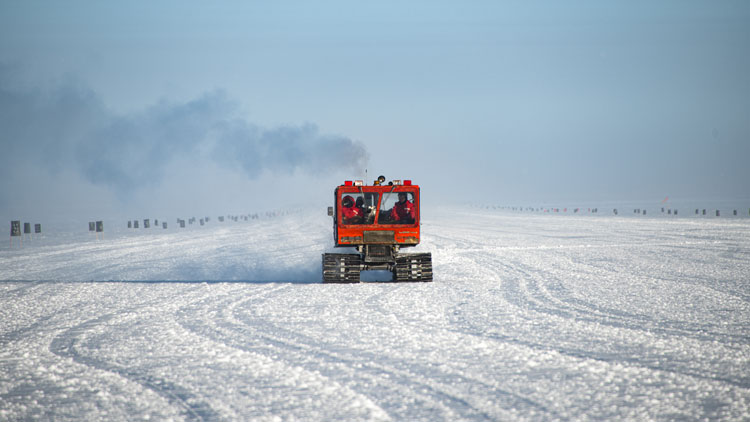 Snowcat on the skiway at the South Pole