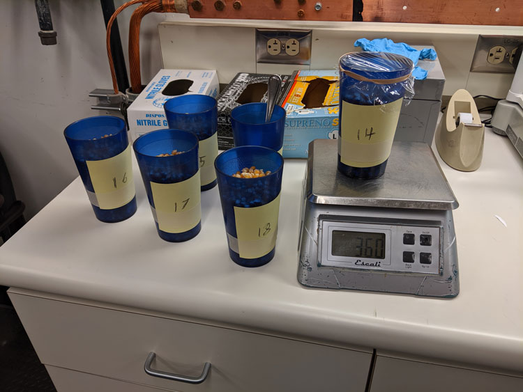 Several filled canisters, numbered, on table, one sitting on a scale