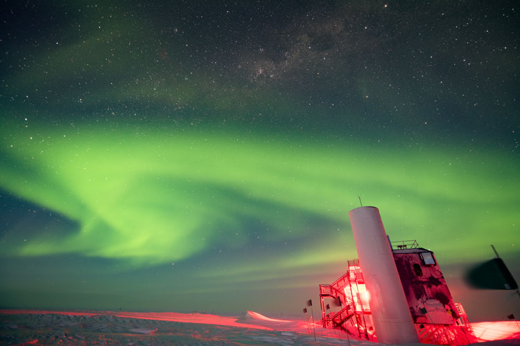 Bright green auroras outside the IceCube Lab