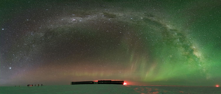 Panorama of Milky Way over South Pole station in distance