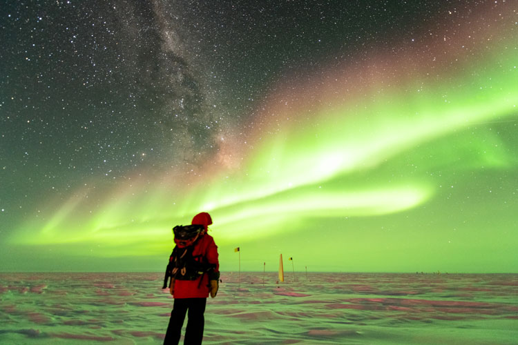 Person from behind facing sky full of green auroras