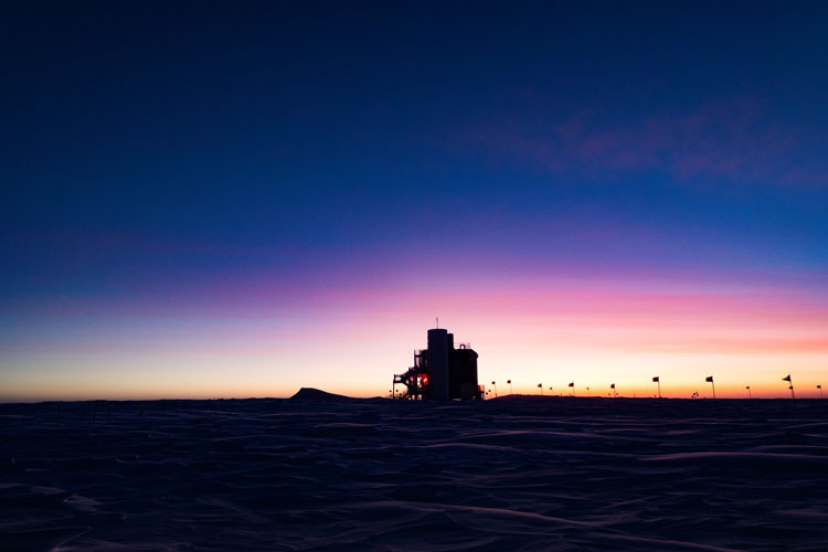 The IceCube Lab at dawn at the South Pole.