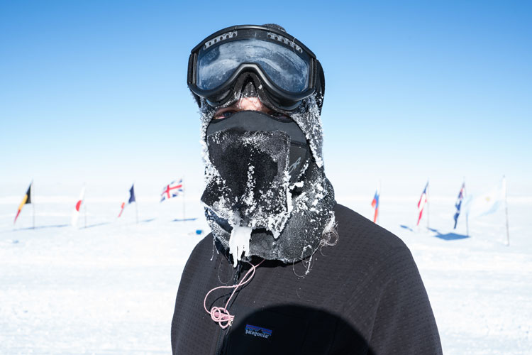 Close-up of frosty, icy face mask of runner at the Pole