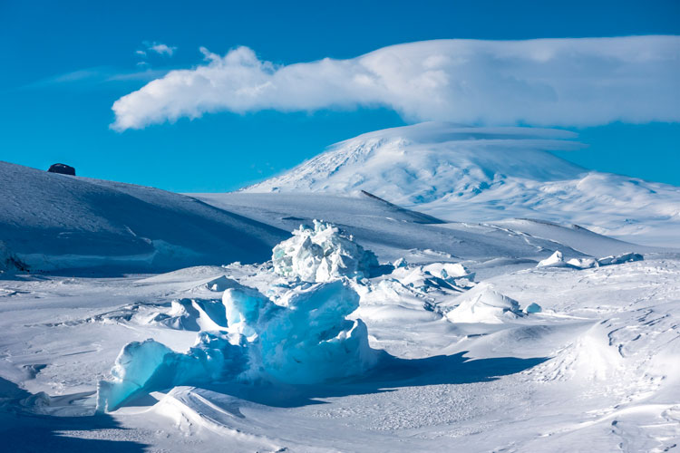 View of pressure ridges (ice formations) looking toward Mount Erebus.