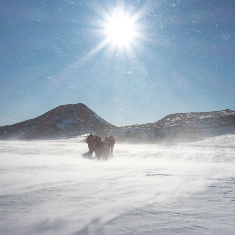 Bright sun in sky, with four people in parkas walking and huddled against strong blowing snow.