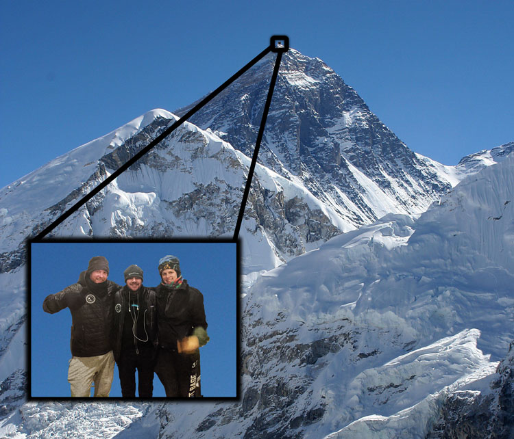 View of Mt. Everest, with group photo of three people in inset.