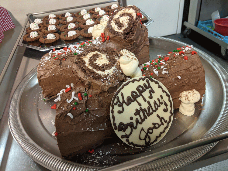 Yule log cake decorated with birthday greeting.