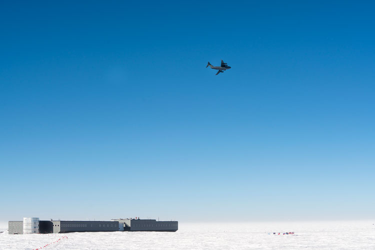 C17 flying above the South Pole station.