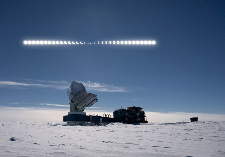 Composite image of moon in blue sky above the South Pole Telescope as it goes through stages of being eclipsed by the sun.