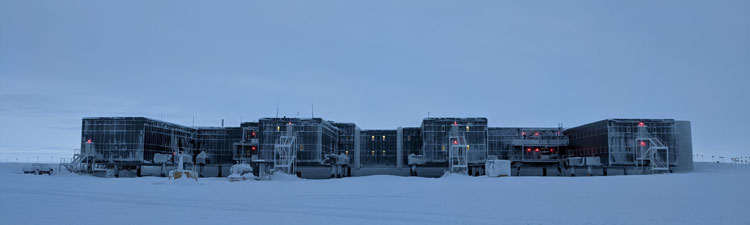 The South Pole station at dusk.