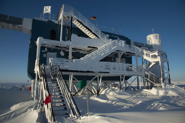 Snow-covered staircase of the IceCube Lab