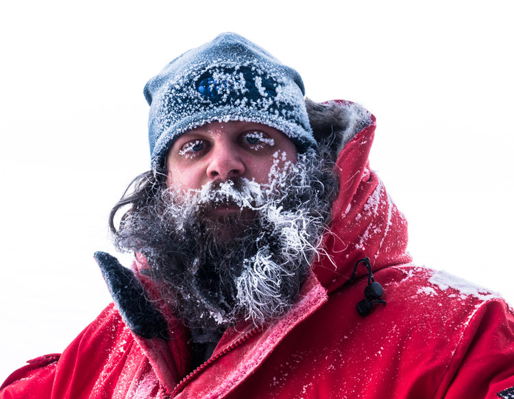 Frosty beard after snow shoveling at the Pole