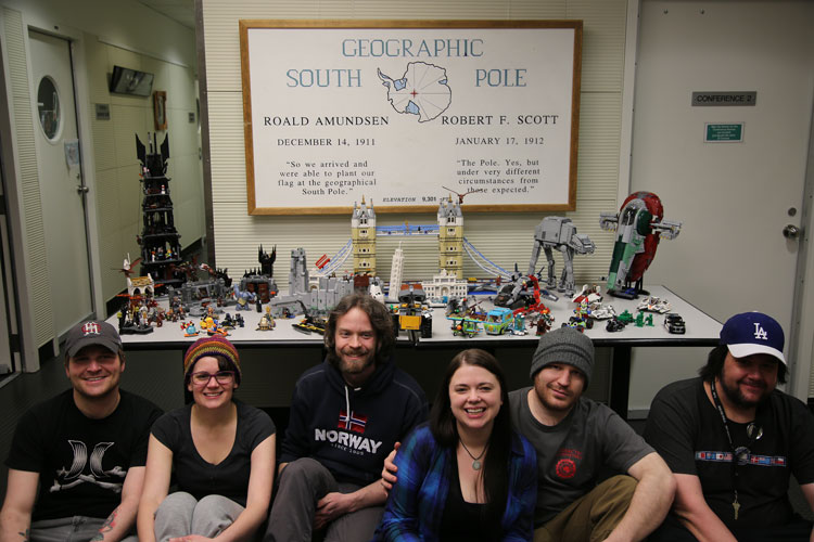 Group photo of South Pole winterover LEGO enthusiasts