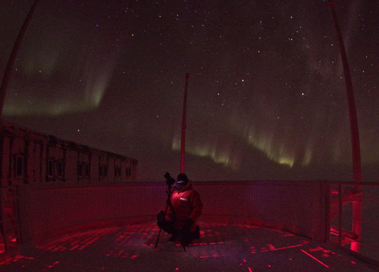 Setting up camera on observation deck of South Pole station