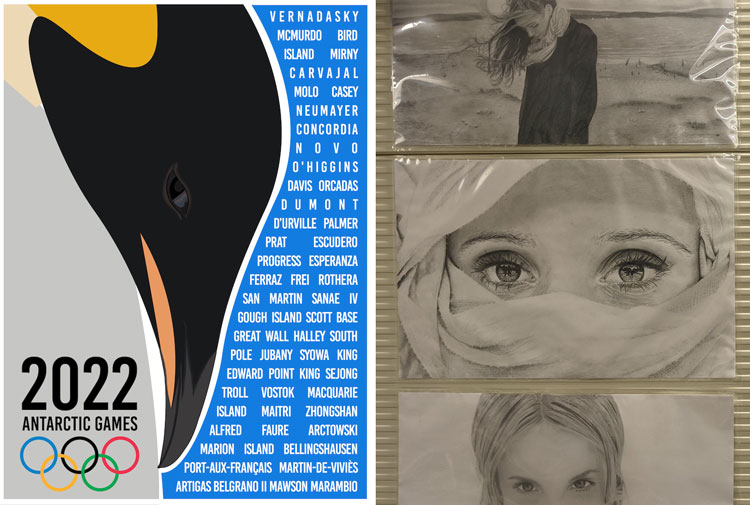 Side-by-side examples of artwork, a poster on the left featuring penguin head graphic, pencil drawing of realistic face/eyes.