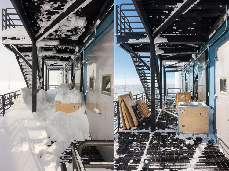 Before/after shots of snow removal from decks of IceCube Lab