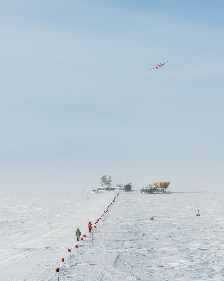 Basler plane far off in sky, leaving South Pole