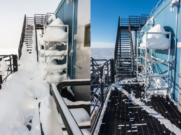 Before/after shots of snow removal from stairs of IceCube Lab