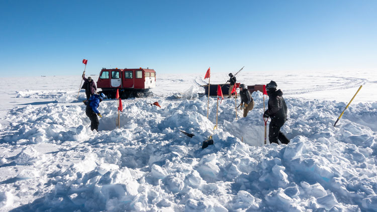 Crew of five people digging out holes in snow