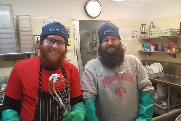 Martin and James with long beards in dish pit