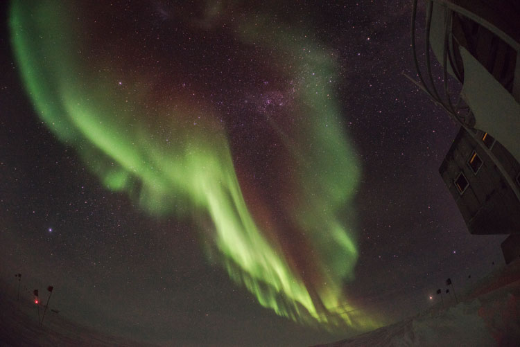 Bright auroras outside station (fish eye view)