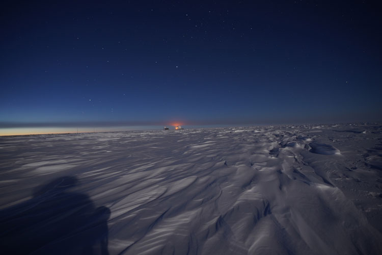 South Pole landscape at twilight with just a bit of light on horizon