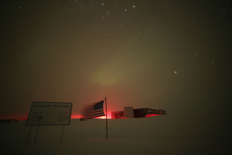 red lights outside in winter at South Pole