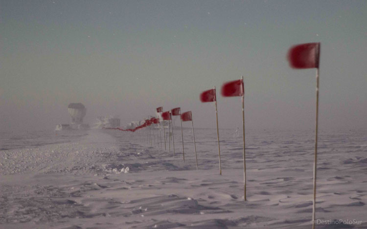Flags, as a guide between stations, blowing in the wind 