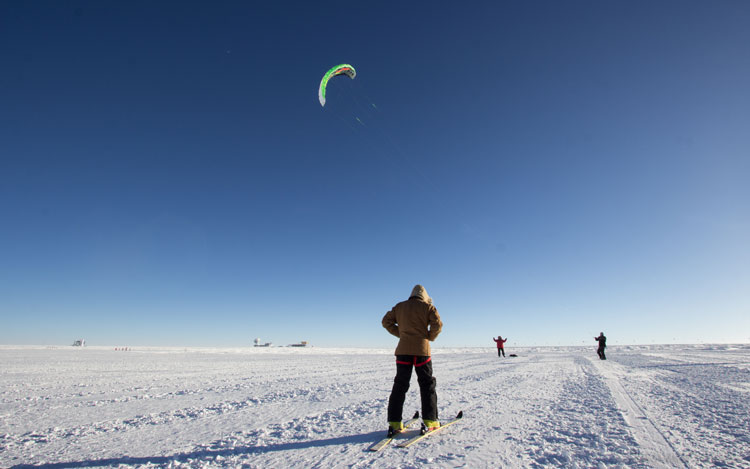 Flying kites and snowkiting. 