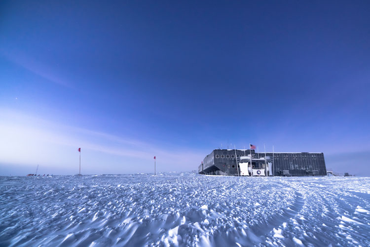 Frosty South Pole station at twilight