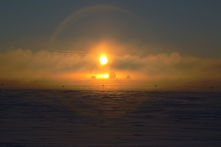 sun halo at sunset at the South Pole
