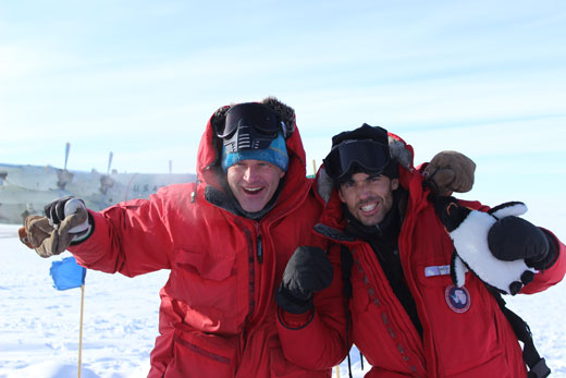 Winterovers holding stuffed penguin 