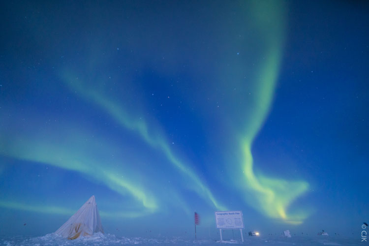 Auroras over Scott tent at South Pole